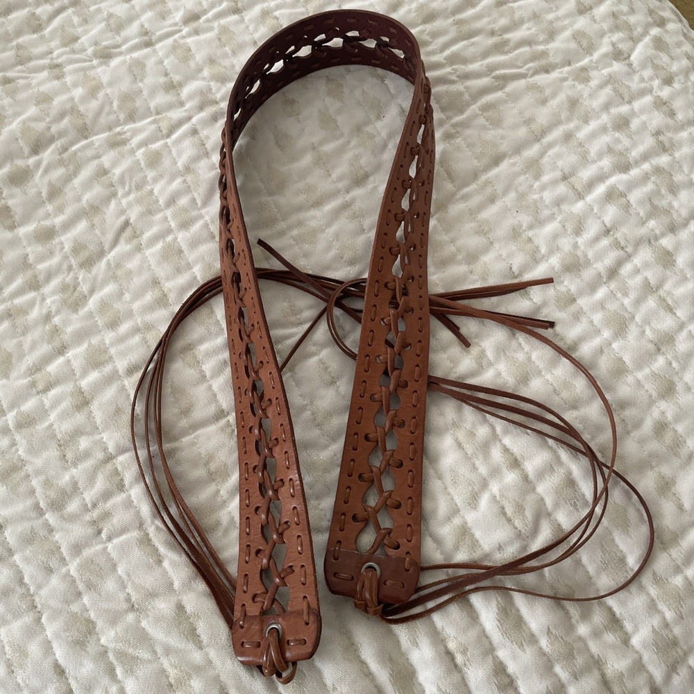 Vintage Woven LEATHER Fringe Tasseled Wrap 2" Wide Belt Women Large Cognac Brown - Picture 3 of 4